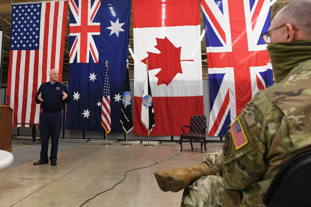 Gen. John W. "Jay" Raymond, Commander of U.S. Space Command and U.S. Space Force Chief of Space Operations, spoke to members of the Combined Force Space Component Command during an All Call at the Combined Space Operations Center, Vandenberg AFB, Calif., 4 Aug. 2020.