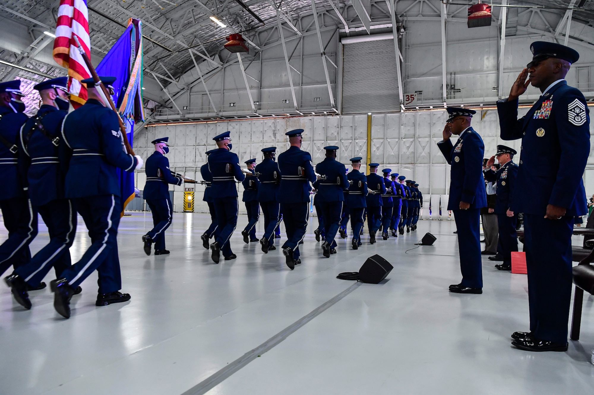 The Air Force Honor Guard performs a pass in review in front of Air Force Chief of Staff Gen. Charles Q. Brown Jr. during a change of responsibility ceremony at Joint Base Andrews, Md., Aug. 6, 2020. Brown replaced Gen. David L. Goldfein as the 22nd chief of staff. (U.S. Air Force photo by Eric Dietrich)