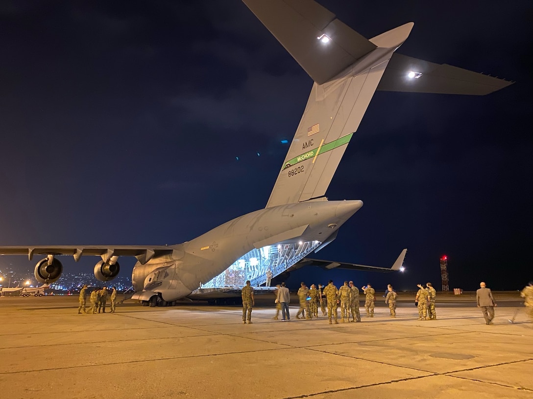 U.S. Air Force Airmen unload humanitarian aid supplies from a U.S. Air Force C-17 Globemaster III at Beirut, Lebanon on Aug. 6, 2020. U.S. Central Command is coordinating with the Lebanese Armed Forces and U.S. Embassy-Beirut to transport critical supplies as quickly as possible to support the needs of the Lebanese people.