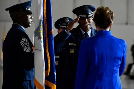 Air Force Chief of Staff Gen. Charles Q. Brown Jr. salutes Secretary of the Air Force Barbara M. Barrett during a transition ceremony at Joint Base Andrews, Md., Aug. 6, 2020. Brown replaced Gen. David L. Goldfein as the 22nd chief of staff. (U.S. Air Force photo by Eric Dietrich)