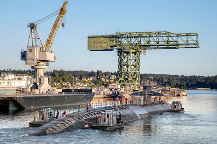 USS Pittsburgh (SSN 720), a Los Angeles-class fast-attack nuclear submarine, is moved to the Mooring Alpha storage area after completing its inactivation process Aug. 5, 2020, at Puget Sound Naval Shipyard & Intermediate Maintenance Facility in Bremerton, Washington. (PSNS & IMF photo by Scott Hansen)