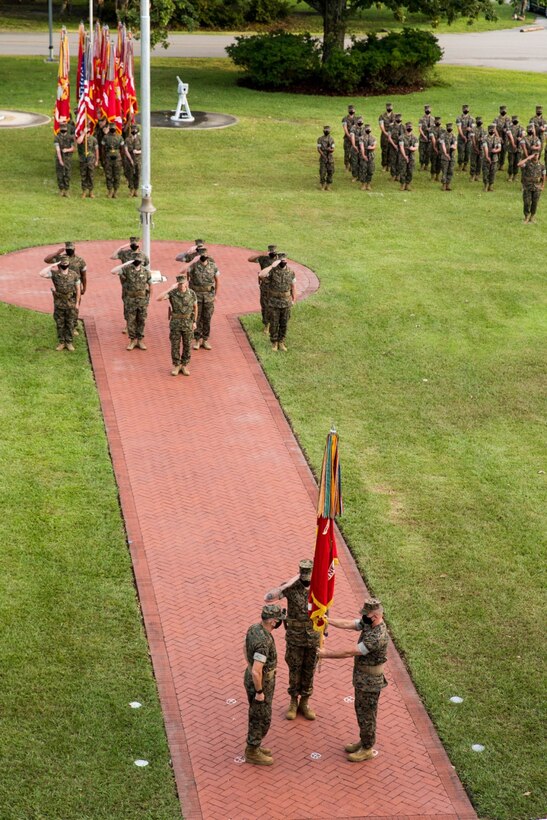 U.S. Marine Corps Maj. Gen. David J. Furness, right, relinquishes command of 2d Marine Division to Maj. Gen. Francis L. Donovan, on Camp Lejeune, North Carolina, August 6, 2020. This tradition symbolizes the transfer of authority, responsibility and accountability of the Marines and sailors under his charge. (U.S. Marine Corps photo by Cpl. Elijah J. Abernathy)
