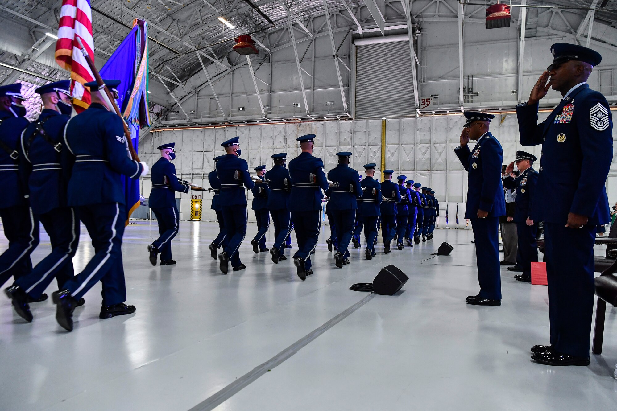 The Air Force Honor Guard performs a pass in review in front of Air Force Chief of Staff Gen. Charles Q. Brown Jr. during a change of responsibility ceremony at Joint Base Andrews, Md., Aug. 6, 2020. Brown replaced Gen. David L. Goldfein as the 22nd chief of staff. (U.S. Air Force photo by Eric Dietrich)