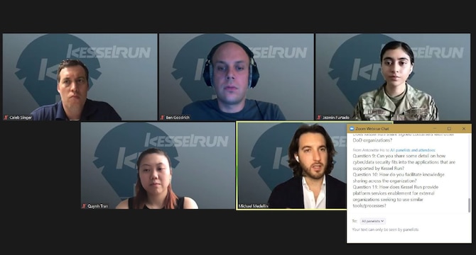 Software development experts from Air Force Life Cycle Management Center Detachment 12, Kessel Run, discuss their path to production for digital applications during a virtual Ask Me Anything July 30. Headquartered in Boston, Mass., Kessel Run is an Air Force software development unit known for its agile processes. (U.S. Air Force photo by K. Houston Waters)