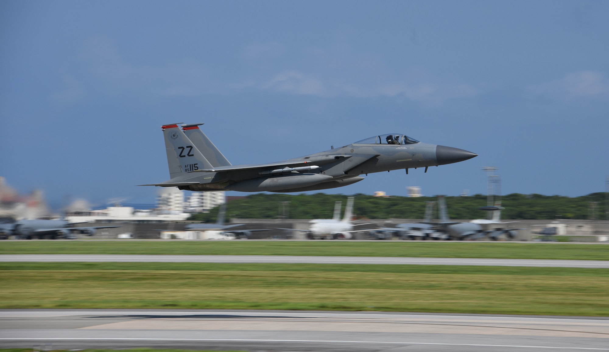 An F-15C Eagle assigned to the 67th Fighter Squadron takes off during Exercise WestPac Rumrunner, July 31, 2020, at Kadena Air Base, Japan. Team Kadena executed the second iteration of Rumrunner which is an 18th Wing-led exercise dedicated to implementing agile combat employment concepts to ensure readiness to protect and defend partners, allies and U.S. interests in the Indo-Pacific region.