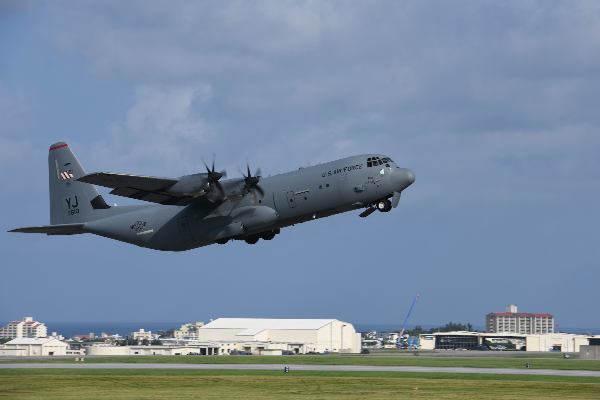 A C-130J Super Hercules assigned to Yokota Air Base, Japan, takes off during Exercise Westpac Rumrunner, July 31, 2020, at Kadena Air Base, Japan. Team Kadena executed the second iteration of Rumrunner which is an 18th Wing-led exercise dedicated to implementing agile combat employment concepts to ensure readiness to protect and defend partners, allies and U.S. interests in the Indo-Pacific region.
