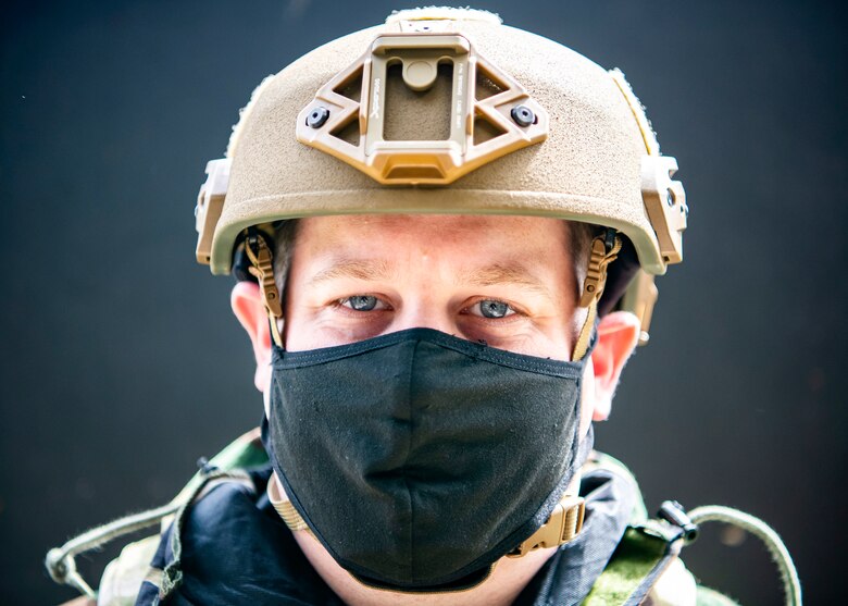 U.S. Air Force Tech. Sgt. Tyler Whaley, 423rd Civil Engineer Squadron dorm manager, wears mission oriented protective posture gear during a wing readiness exercise at RAF Alconbury, England, Aug. 5, 2020. The 501st Combat Support Wing conducted the exercise to evaluate Airmen’s overall readiness along with their proficiency with responding to simulated chemical, biological, radiological, nuclear and explosive attacks. (U.S. Air Force photo by Senior Airman Eugene Oliver)