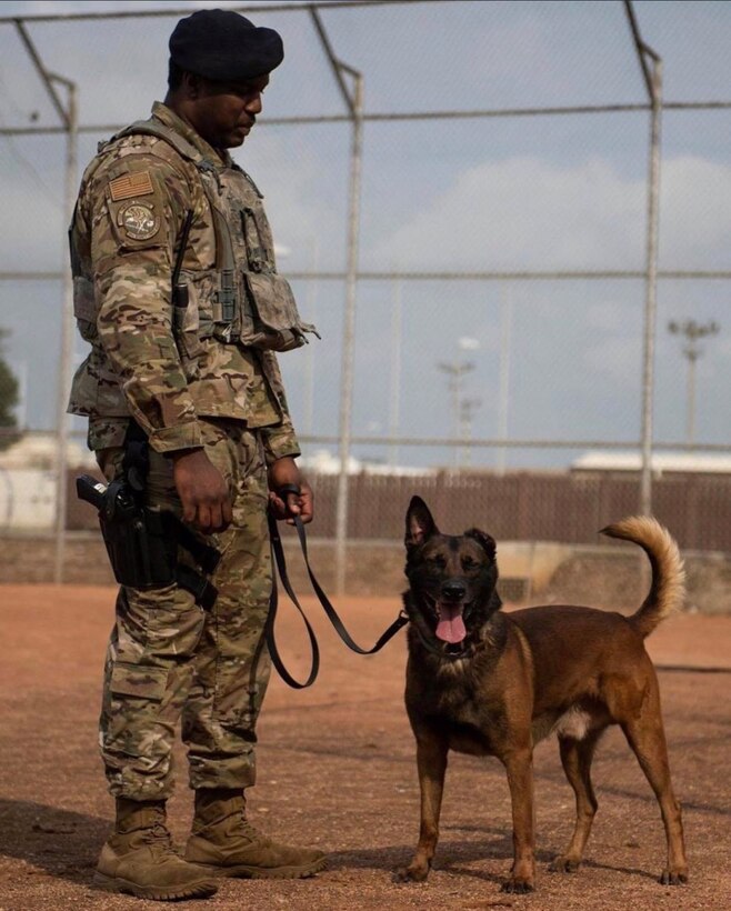 U.S. Senior Airman Antoine Carr, 39th Security Forces Squadron military working dog handler, pauses during a patrol at Incirlik Air Base, Turkey, 2019. (courtesy photo)