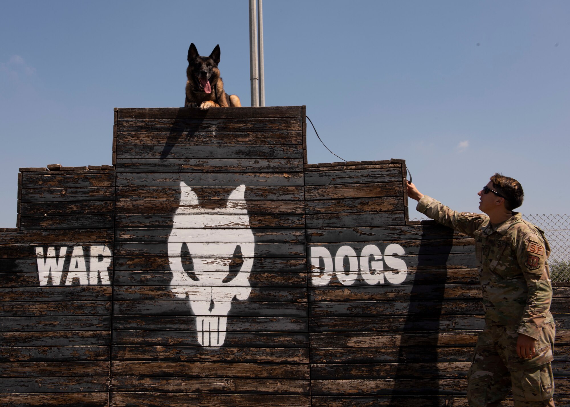 U.S. Air Force Staff Sgt. Rachel Hyde practices with MWD Brix on the MWD obstacle training course, Aug. 5, 2020, at Incirlik Air Base, Turkey.