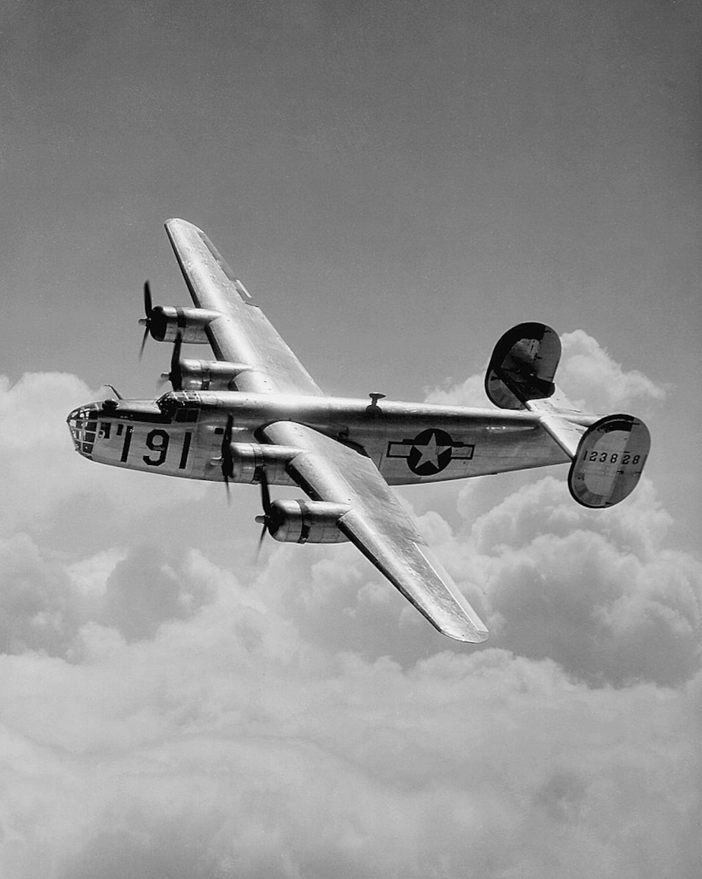 Airplane flies with clouds in background