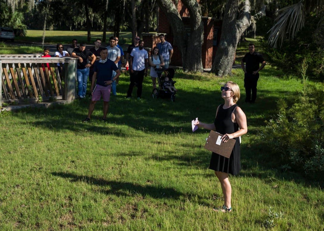 Emily May, a base historian with the Marine Corps Recruit Depot Parris Island Museum, guides Marines in a historic landmark tour aboard MCRD Parris Island, South Carolina on August 07, 2020. (U.S. Marine Corps photo by Cpl. Jack A. E. Rigsby)