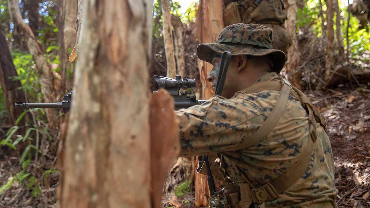 U.S. Marine Corps Sgt. Allen Valdez with kilo company, 3rd Battalion, 3rd Marine Regiment sights down range during a squad patrol at Schofield Barracks, Hawaii, Feb. 25, 2020.