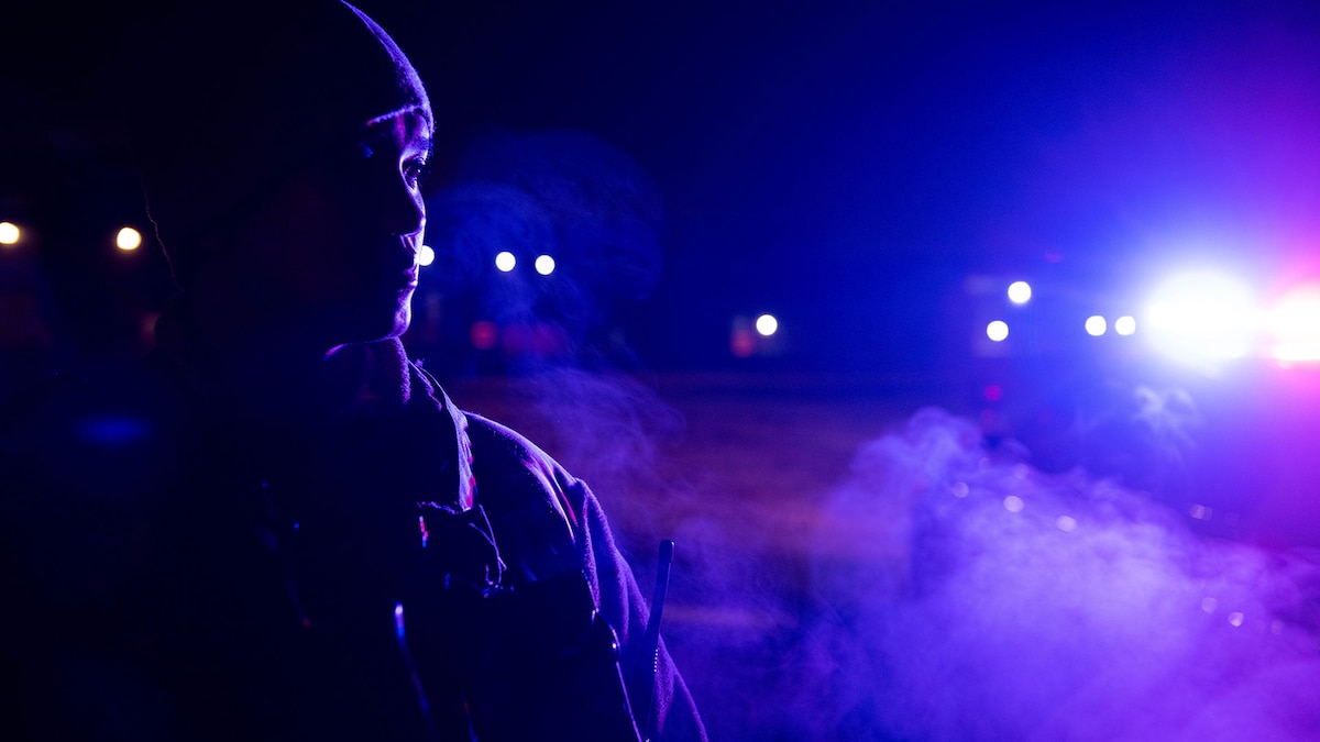 Senior Airman Gabriel Rubina, 375th Security Forces Squadron defender, patrols the base during a night shift at Scott Air Force Base, Ill., Jan. 30, 2020