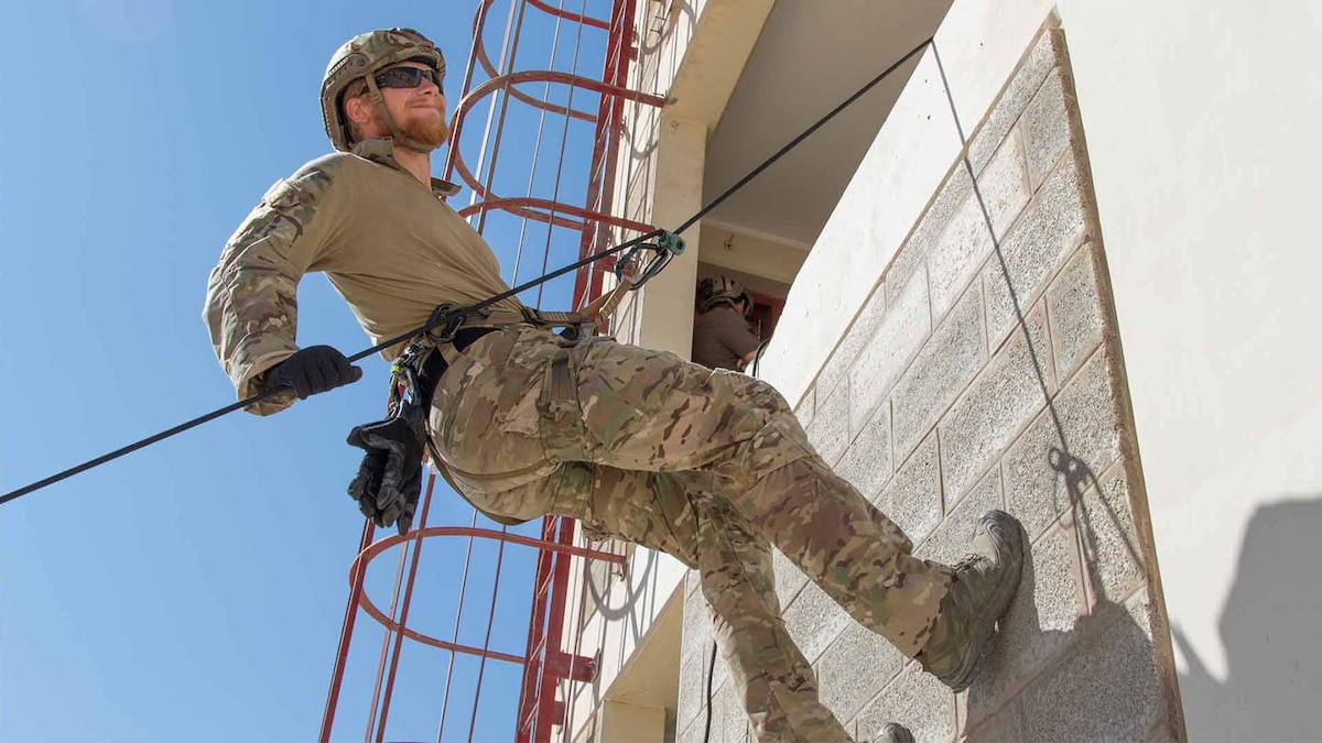 Airmen with the U.S. Air Force Special Operations Command, Special Tactics Troop 2610 conduct joint training with Jordan Armed Forces in urban high angle rescue techniques at King Abdullah II Special Operations Training Center in Amman, Jordan, on Aug. 21, 2019.