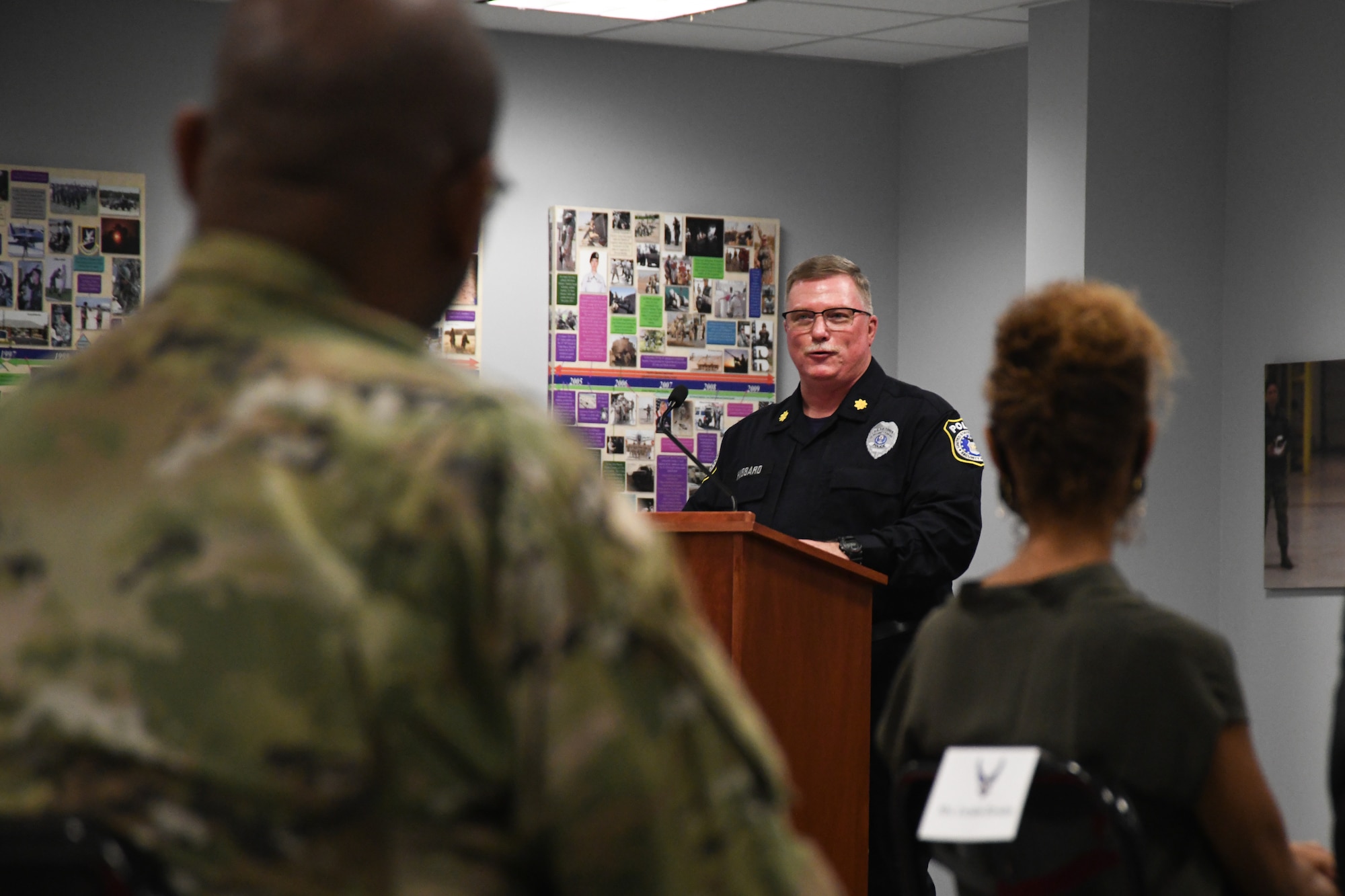 Stephen A. Hubbard Jr. gives an acceptance speech to members of the 316th Security Support Squadron during a change of command ceremony at Joint Base Andrews, Md., Aug. 7, 2020.
