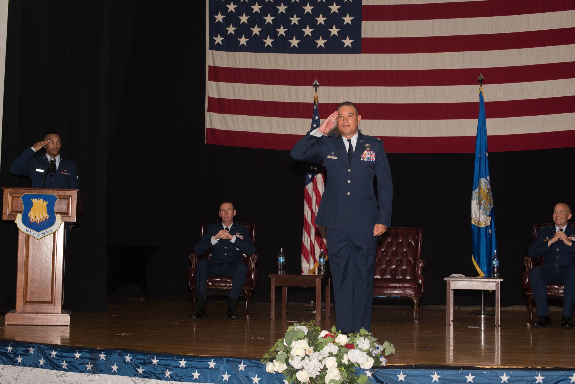 Lt. Col. Carlos Colon, 22nd Force Support Squadron outgoing commander, renders a final salute to the 22nd FSS as their commander during a change of command ceremony Aug. 6, 2020, at McConnell Air Force Base, Kansas. Colon was awarded the Meritorious Service Medal during his two-year tenure as commander. The Meritorious Service Medal is awarded to members of the U.S. Armed Forces who distinguished themselves by outstanding noncombat meritorious achievement or service. (U.S. Air Force photo by Airman 1st Class Marc A. Garcia)