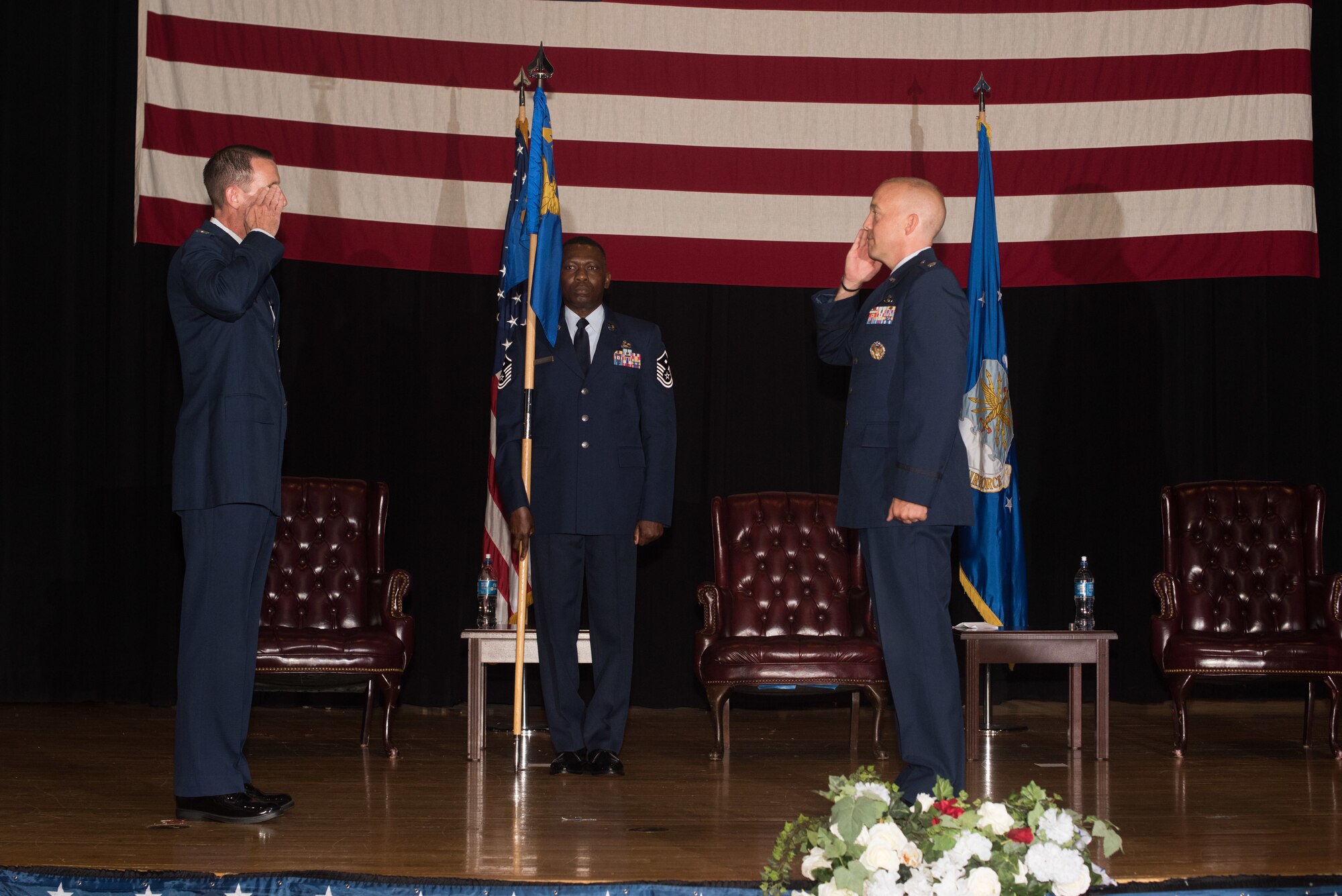 Lt. Col. Matthew Dunn, 22nd Force Support Squadron incoming commander, right, assumes command during a change of command ceremony Aug. 6, 2020, at McConnell Air Force Base, Kansas. Dunn will ensure the 22nd FSS will continue to ready Airmen and their families through the variety of their services. Dunn was formerly General Officer Assignments and Utilization chief at the Pentagon, Washington, D.C., before assuming command of the 22nd FSS. (U.S. Air Force photo by Airman 1st Class Marc A. Garcia)
