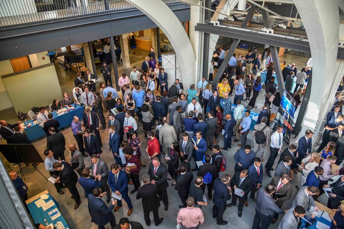 Since Naval Surface Warfare Center, Philadelphia Division (NSWCPD) began its COVID-19 response, with maximum teleworking starting March 18, the Command has virtually hired more than 72 new employees with no in-person recruiting events or interviews. Pictured is one of NSWCPD’s last major in-person career fairs on Sept. 18, 2019. (U.S. Navy photo by Keegan Rammel/Released)