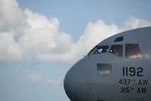 Col. Clinton ZumBrunnen, 437th Airlift Wing commander taxis a C-17 Globemaster III at Joint Base Charleston, S.C., Aug. 4, 2020. The fini flight is a military aviation tradition which marks a pilot’s retirement from the Air Force. Col. ZumBrunnen Served in the U.S. Air Force for 22 years and accumulated more than 3,000 flight hours as an aviator. (U.S. Air Force Photo by Senior Airman Joshua R. Maund)