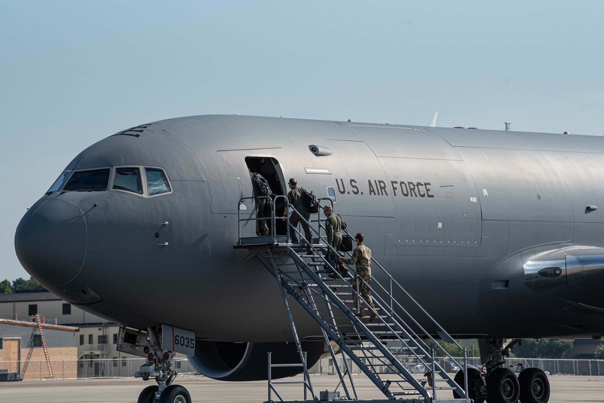 916th Air Refueling Wing crew boards a KC-46A Pegasus at Seymour Johnson Air Force Base, N.C., Aug. 1, 2020.