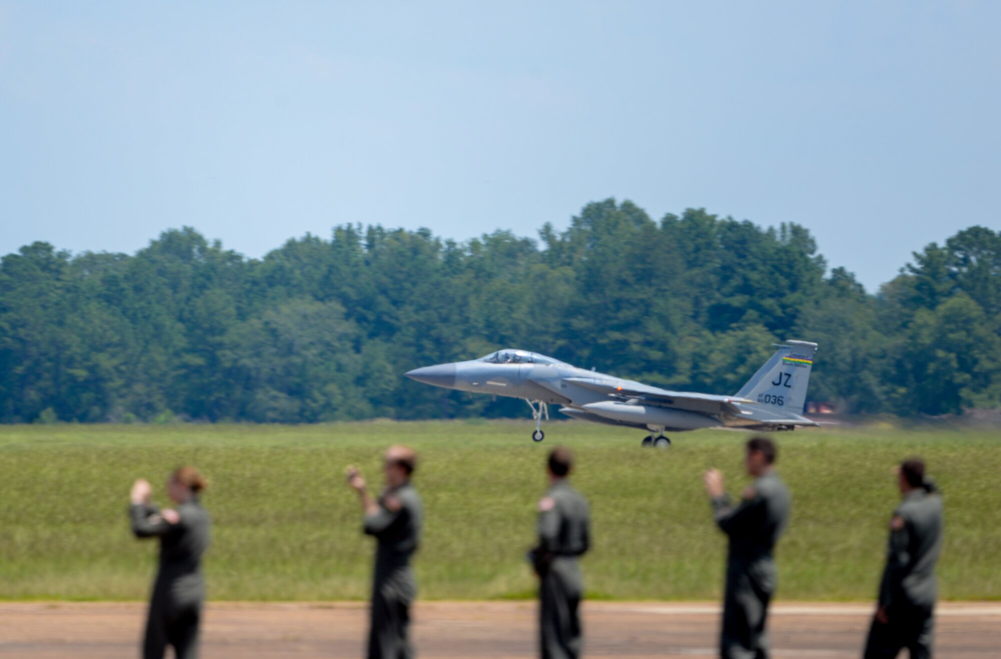 An F-15 Eagle takes off the flightline while 14th Flying Training Wing pilots take photos on August 7, 2020, at Columbus Air Force Base, Miss. The F-15 can reach a speed on 1,875 mph. (U.S. Air Force photo by Airman 1st Class Davis Donaldson)