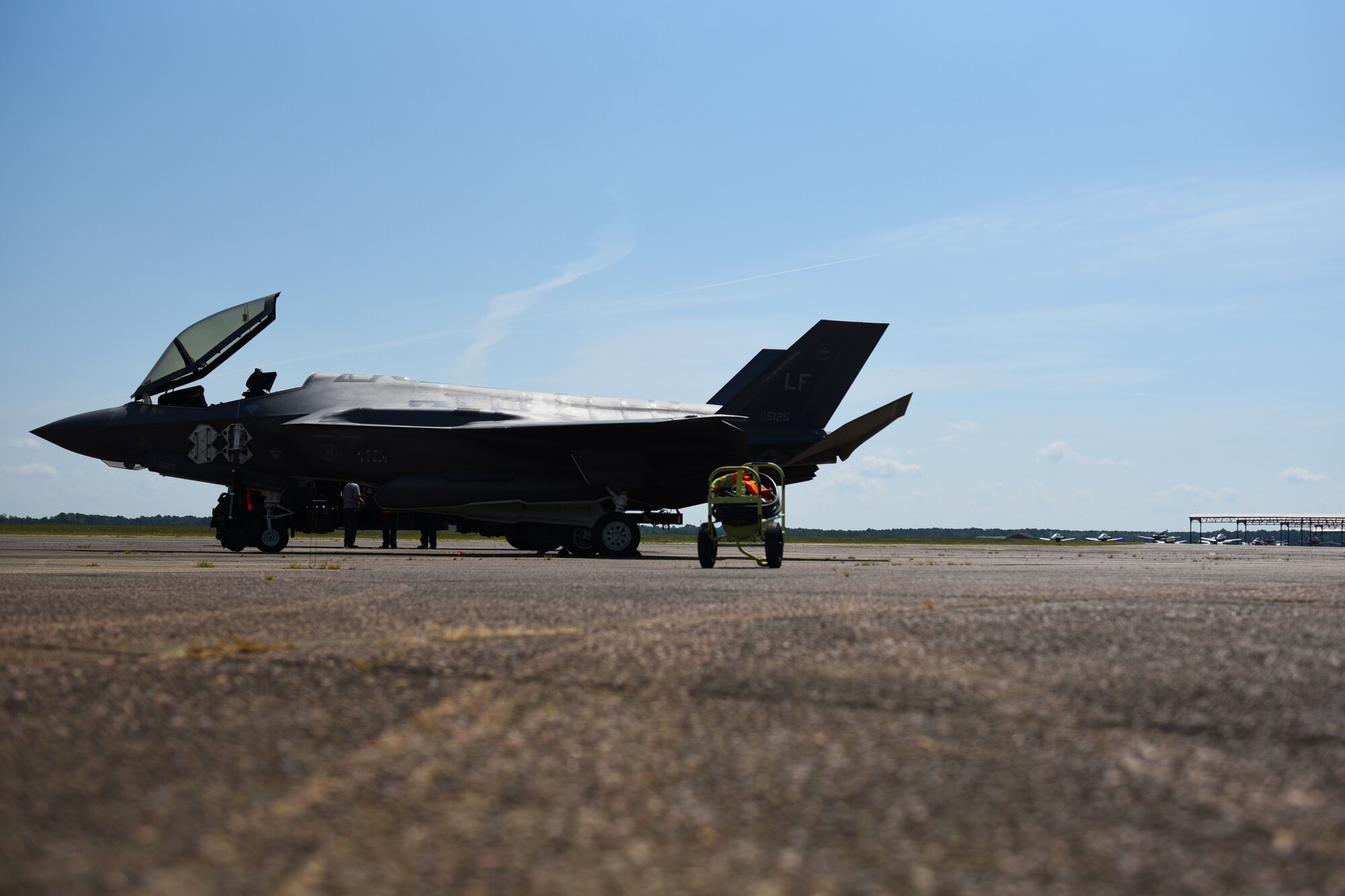 An F-35A Lightning II sits on the flightline on August 7, 2020, at Columbus Air Force Base, Miss. The F-35 is designed to provide the pilot with unsurpassed situational awareness, positive target identification and precision strike in all weather conditions. (U.S. Air Force photo by Senior Airman Jake Jacobsen)