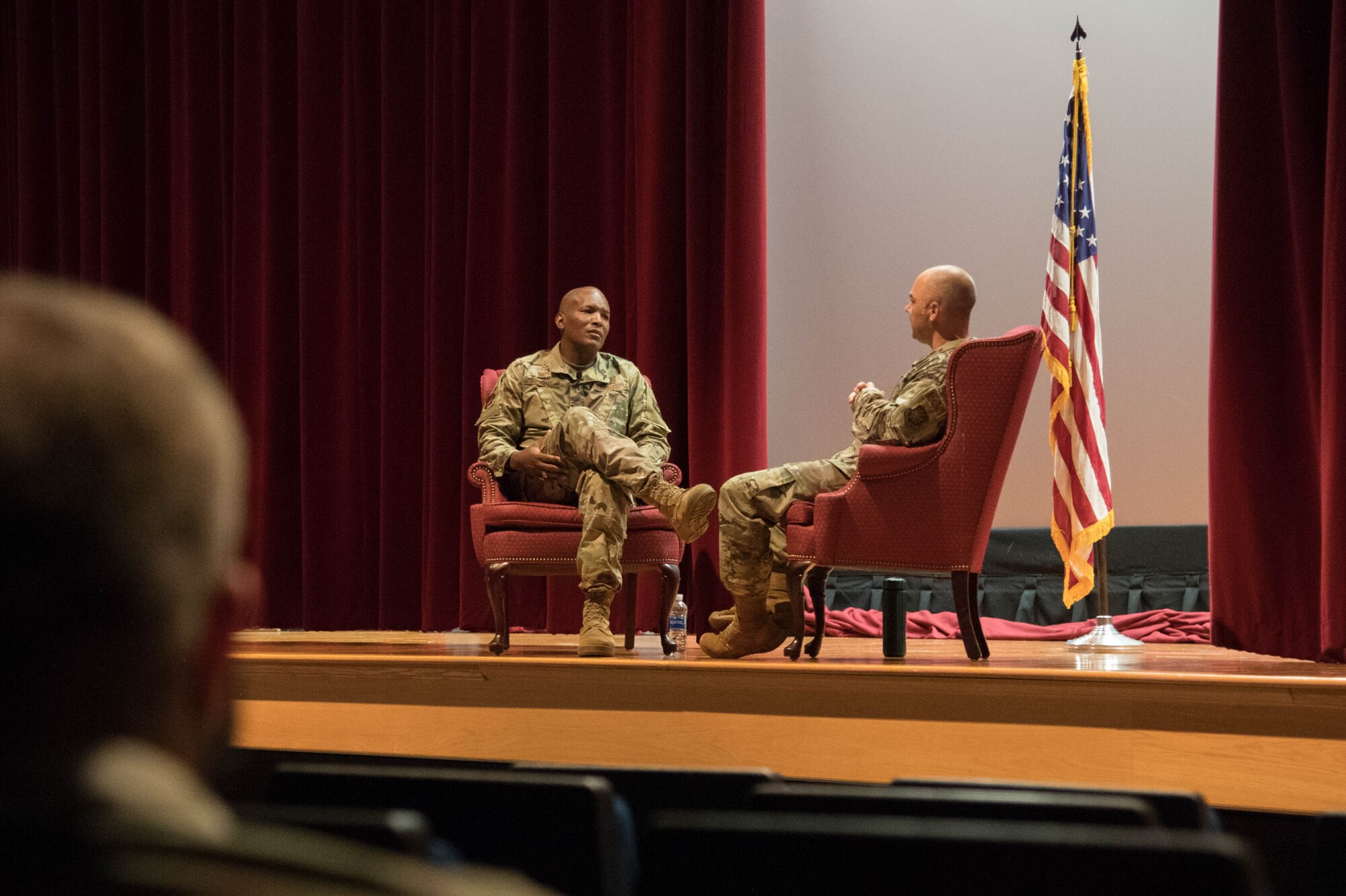Col. Phelemon Williams, 436th Mission Support Group commander, and Chief Master Sgt. Jeremiah Grisham, 436th Mission Support Group superintendent, have a one-on-one discussion during a Pause for Race Relations Aug. 5, 2020, at Dover Air Force Base, Delaware. Dover AFB hosted several events to ignite honest and respectful conversations regarding race, justice and equality. (U.S. Air Force photo by Tech. Sgt. Esteban Esquivel)