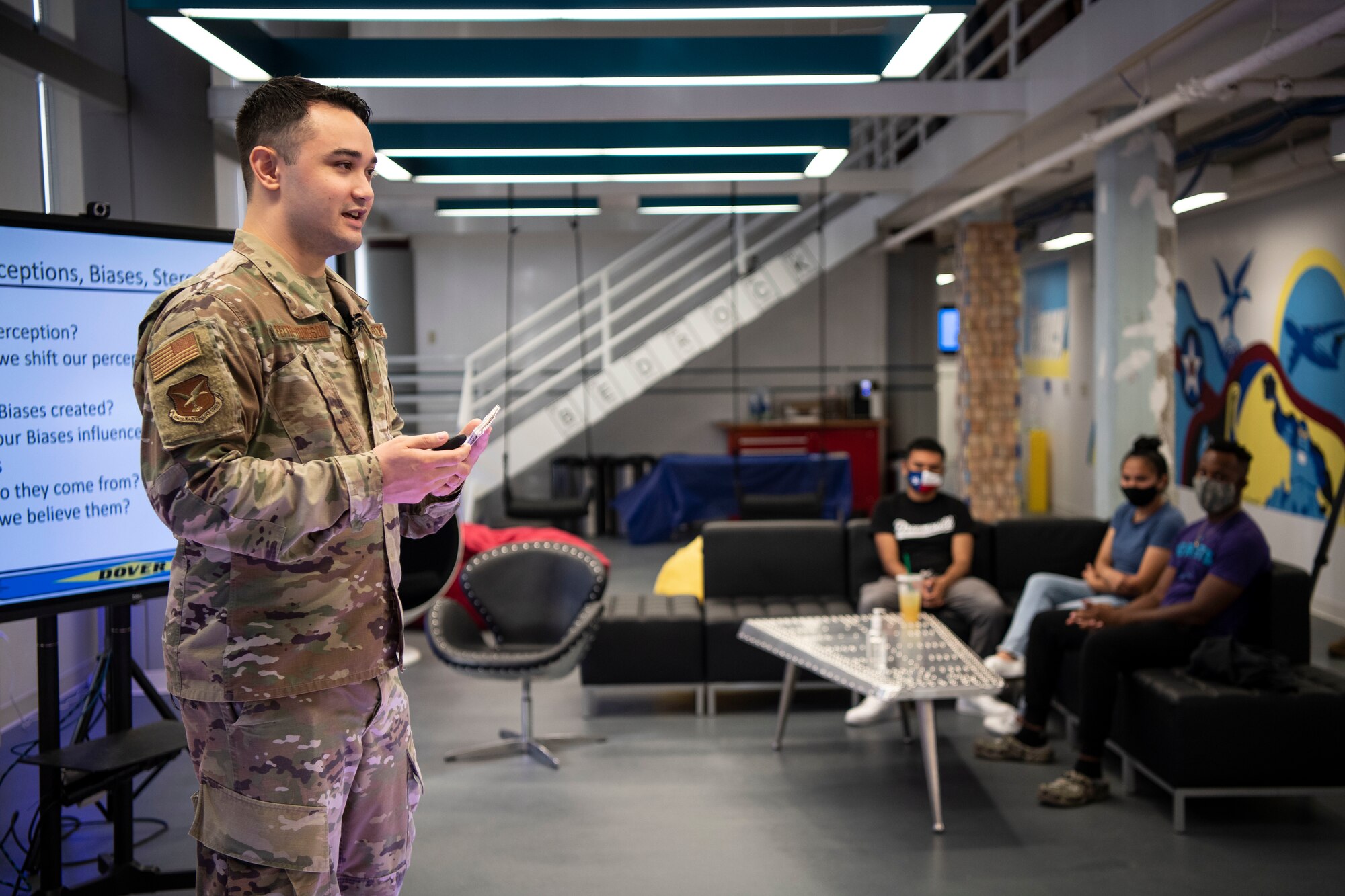 Staff Sgt. Alexander Feith-Tiongson, 436th Aircraft Maintenance Squadron communication/navigation technician, speaks during a Pause for Race Relations event at Dover Air Force Base, Delaware, Aug. 5, 2020. A variety of events on base was scheduled Aug. 5-7 to create a safe and open environment for educating and allowing Airmen to express emotions on current events. (U.S. Air Force photo by Senior Airman Christopher Quail)