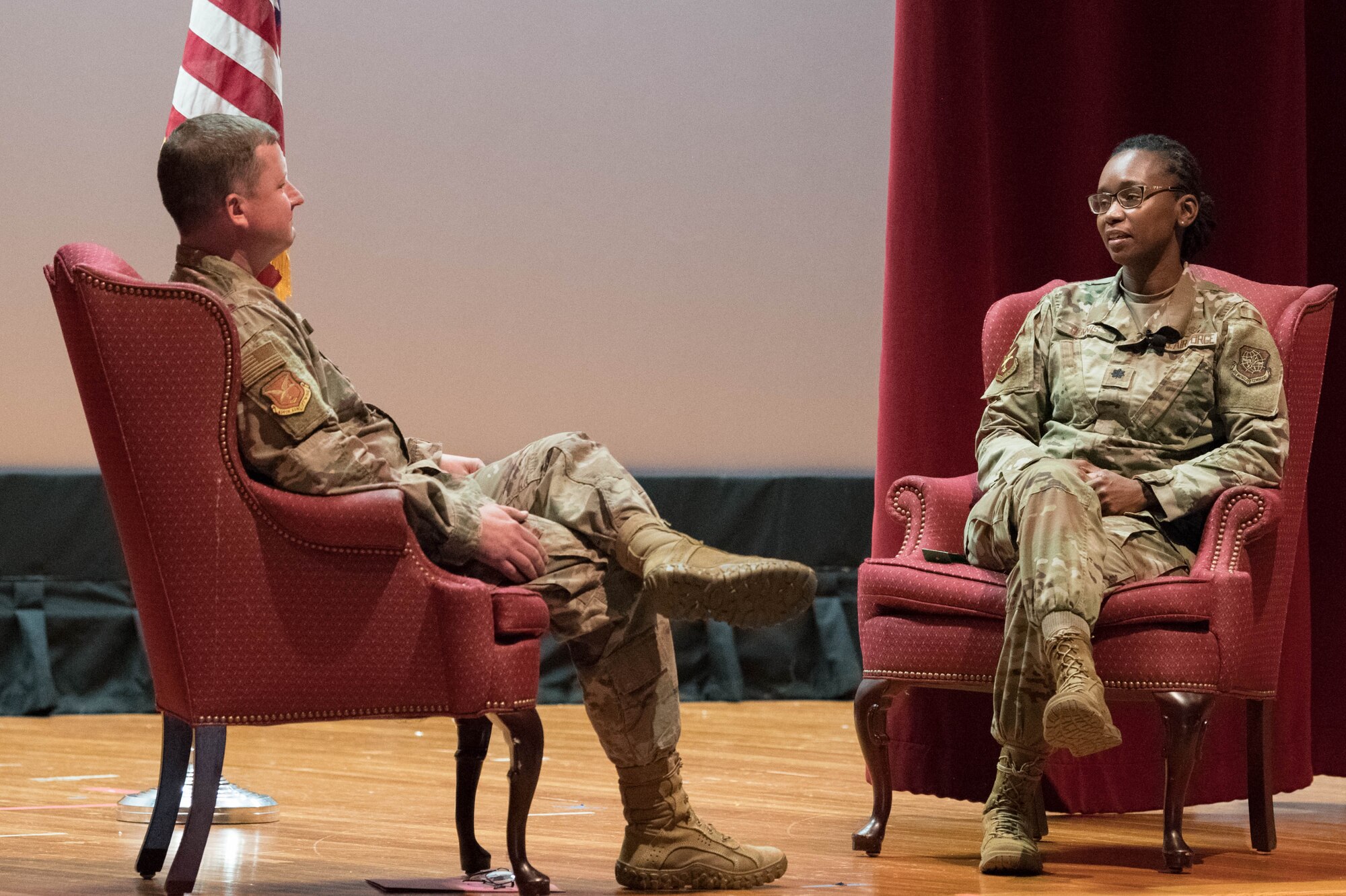 Col. Matthew Jones, 436th Airlift Wing commander, and Lt. Col. Naomi Dennis, 436th AW Staff Judge Advocate, have a one-on-one discussion during a Pause for Race Relations Aug. 7, 2020, at Dover Air Force Base, Delaware. Dover AFB hosted several events to ignite honest and respectful conversations regarding race, justice and equality. (U.S. Air Force photo by Mauricio Campino)