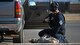 A photo of a Davis-Monthan police officer hand cuffing a mannequin simulating an active shooter