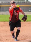 Andrew Aycock, 50th Operations Support Squadron, lobs a pitch to the batter during the first inning Aug. 4, 2020 at Schriever Air Force Base. The 50th OSS trailed 10-0 after the first inning against U.S. Air Force Warfare Center, but cut the deficit in half after three innings to 12-7. (U.S. Air Force photo by Marcus Hill)