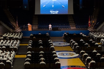 Midshipmen assigned to the U.S. Naval Academy listen to remarks by Chief of Naval Operations (CNO) Adm. Mike Gilday during his address to the U.S. Naval Academy Class of 2024.