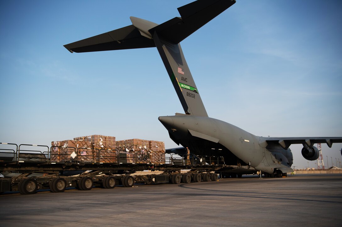 U.S. Air Force Airmen load humanitarian aid supplies onto a U.S. Air Force C-17 Globemaster III at Al Udeid Air Base, Qatar, Aug. 6, 2020, bound for Beirut, Lebanon. U.S. Central Command is coordinating with the Lebanese Armed Forces and U.S. Embassy-Beirut to transport critical supplies as quickly as possible to support the needs of the Lebanese people.
(U.S. Air Force photo by Staff Sgt. Justin Parsons)
