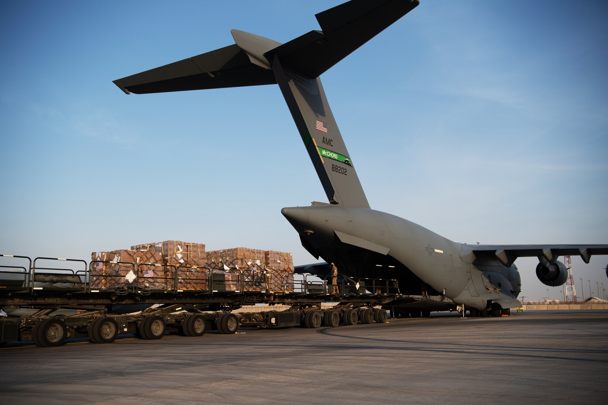 U.S. Air Force Airmen load humanitarian aid supplies onto a U.S. Air Force C-17 Globemaster III at Al Udeid Air Base, Qatar, Aug. 6, 2020, bound for Beirut, Lebanon. U.S. Central Command is coordinating with the Lebanese Armed Forces and U.S. Embassy-Beirut to transport critical supplies as quickly as possible to support the needs of the Lebanese people.
(U.S. Air Force photo by Staff Sgt. Justin Parsons)