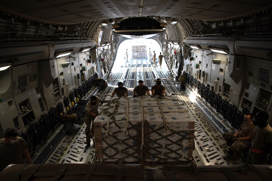 U.S. Air Force Airmen load humanitarian aid supplies onto a U.S. Air Force C-17 Globemaster III at Al Udeid Air Base, Qatar, Aug. 6, 2020, bound for Beirut, Lebanon. U.S. Central Command is coordinating with the Lebanese Armed Forces and U.S. Embassy-Beirut to transport critical supplies as quickly as possible to support the needs of the Lebanese people.
(U.S. Air Force photo by Staff Sgt. Justin Parsons)