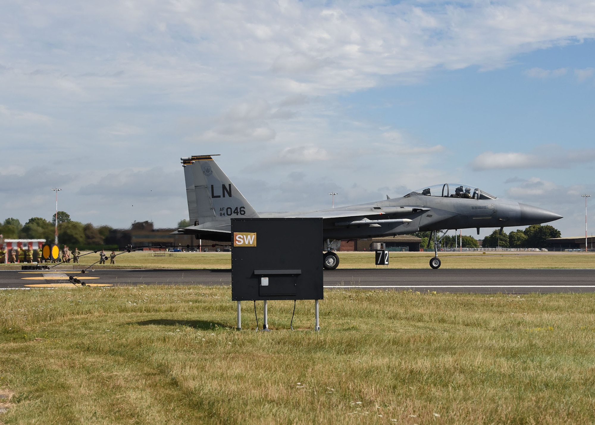 An F-15E Strike Eagle from the 48th Fighter Wing, RAF Lakenheath, engages a barrier during a certification test of the Mobile Aircraft Arresting System at RAF Mildenhall, England, Aug. 5, 2020. Airmen from the 100th Civil Engineer Squadron Power Production shop work with tail-hook-equipped aircraft to recertify the barrier cable annually, while performing maintenance checks 365 days a year. (U.S. Air Force photo by Karen Abeyasekere)