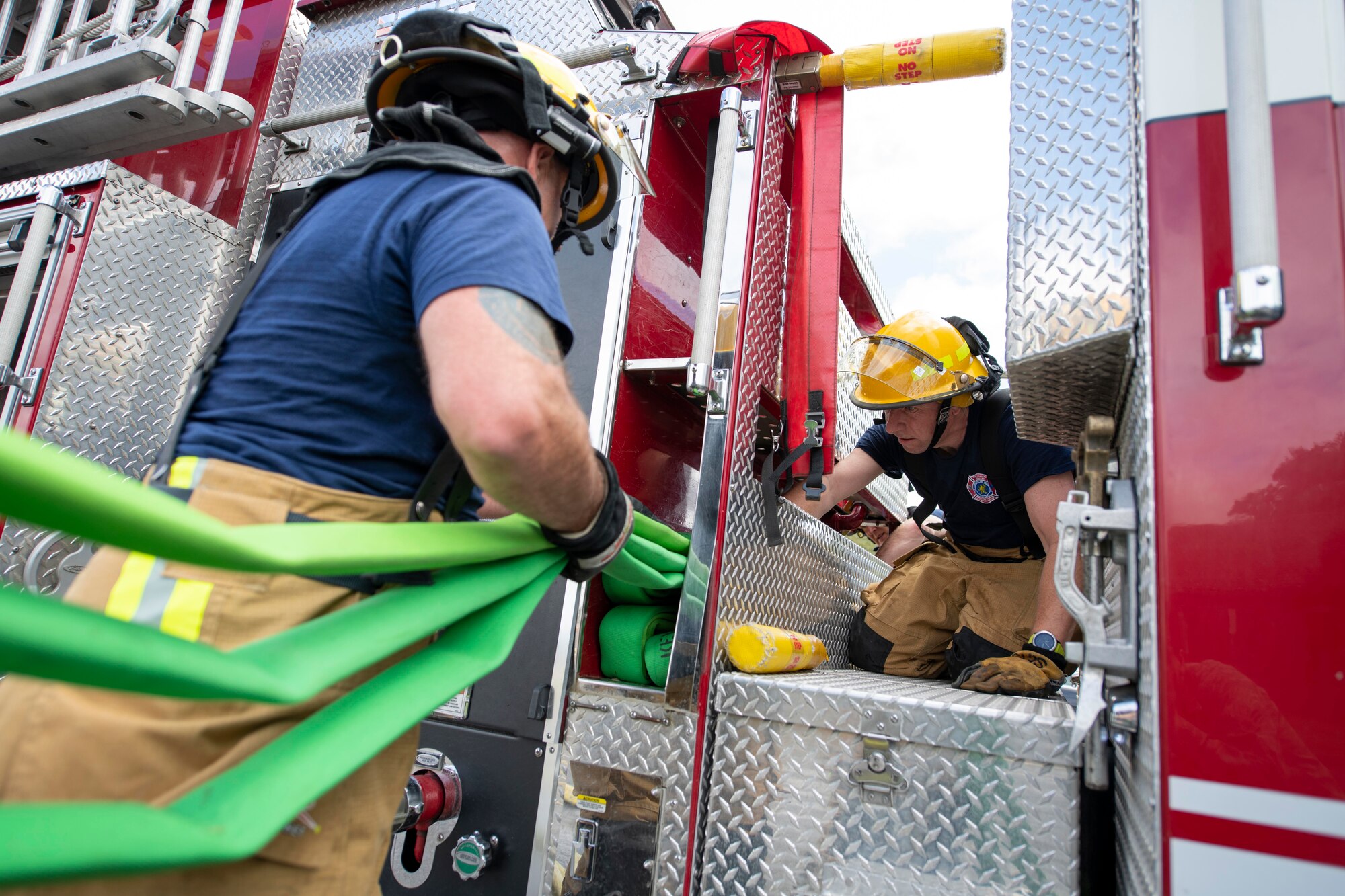 The 423rd Civil Engineer Squadron firefighters participate in a readiness exercise at RAF Alconbury, England, August 6, 2020. The exercise tested their response time and preparedness of fire rescue services. (U.S. Air Force photo by Airman 1st Class Jennifer Zima)
