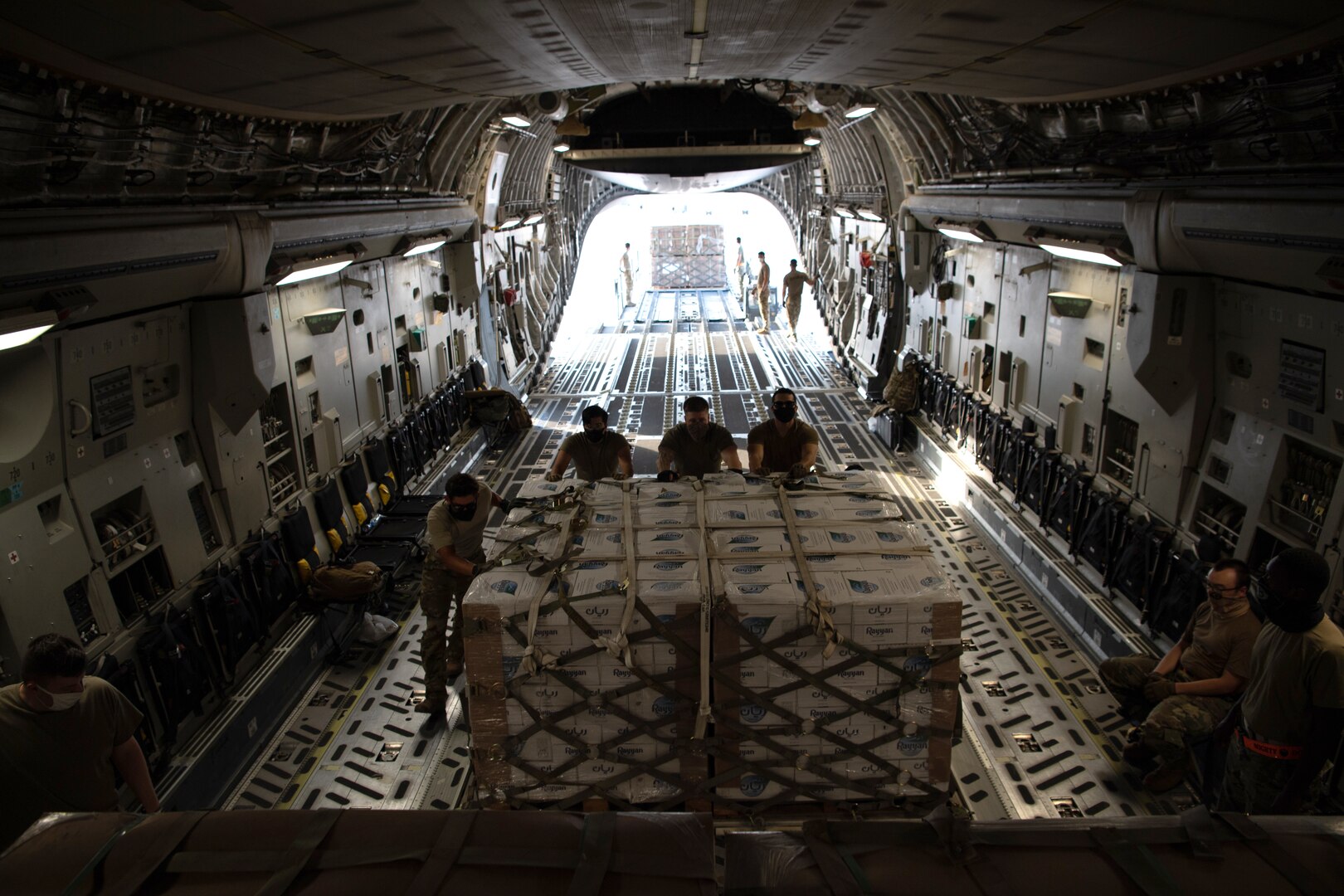 U.S. Air Force Airmen load humanitarian aid supplies onto a U.S. Air Force C-17 Globemaster III at Al Udeid Air Base, Qatar, Aug. 6, 2020, bound for Beirut, Lebanon. U.S. Central Command is coordinating with the Lebanese Armed Forces and U.S. Embassy-Beirut to transport critical supplies as quickly as possible to support the needs of the Lebanese people.
(U.S. Air Force photo by Staff Sgt. Justin Parsons)