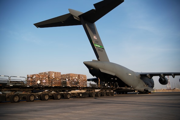 U.S. Air Force Airmen load humanitarian aid supplies onto a U.S. Air Force C-17 Globemaster III at Al Udeid Air Base, Qatar, Aug. 6, 2020, bound for Beirut, Lebanon. U.S. Central Command is coordinating with the Lebanese Armed Forces and U.S. Embassy-Beirut to transport critical supplies as quickly as possible to support the needs of the Lebanese people.
(U.S. Air Force photo by Staff Sgt. Justin Parsons)