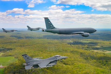 An image of the New Jersey Air National Guard units conducting a joint flyover as part of #AirForceSalutes.