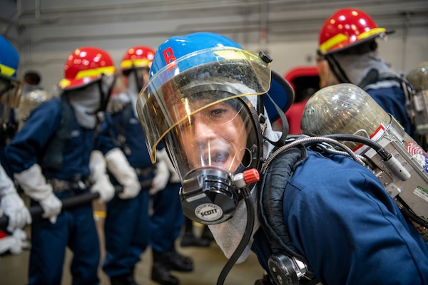 Recruits participate in firefighting and damage control training at Recruit Training Command.