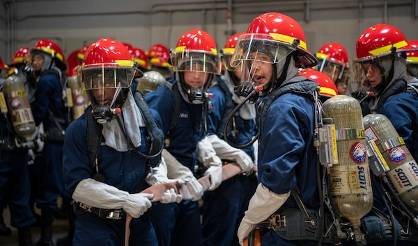 Recruits participate in firefighting and damage control training at Recruit Training Command.