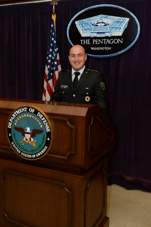 Maj. Vegim Krelani with the regular army from Pristina, Kosovo, poses at the Pentagon in the District of Columbia. Kelani is attending the Command & General Staff Officers Course Common Core or CGSOC-CC, hosted by the 7th Intermediate Level Education Detachment, 7th Mission Support Command, located in Grafenwoehr, Germany, from July 2020 through July 2021. This is the first time in history the CGSOC-CC has included international students. (Courtesy photo)