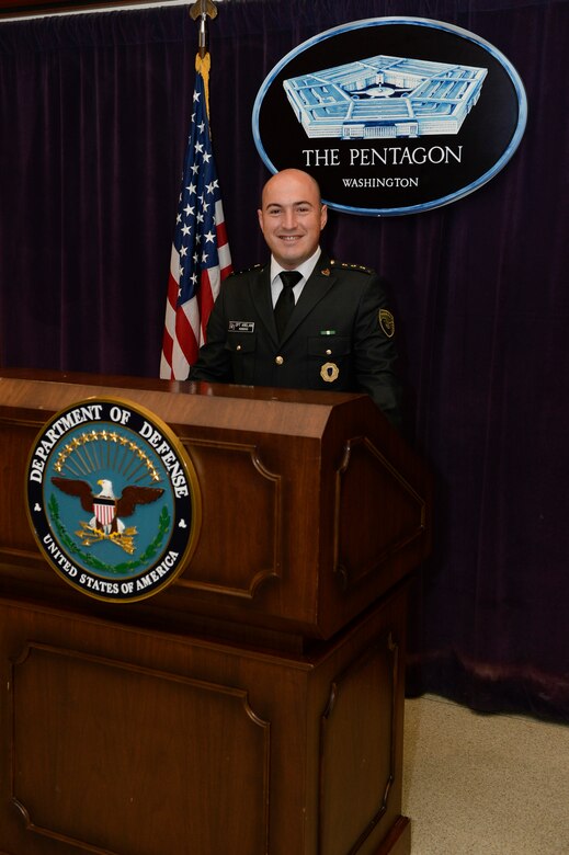 Maj. Vegim Krelani with the regular army from Pristina, Kosovo, poses at the Pentagon in the District of Columbia. Kelani is attending the Command & General Staff Officers Course Common Core or CGSOC-CC, hosted by the 7th Intermediate Level Education Detachment, 7th Mission Support Command, located in Grafenwoehr, Germany, from July 2020 through July 2021. This is the first time in history the CGSOC-CC has included international students. (Courtesy photo)