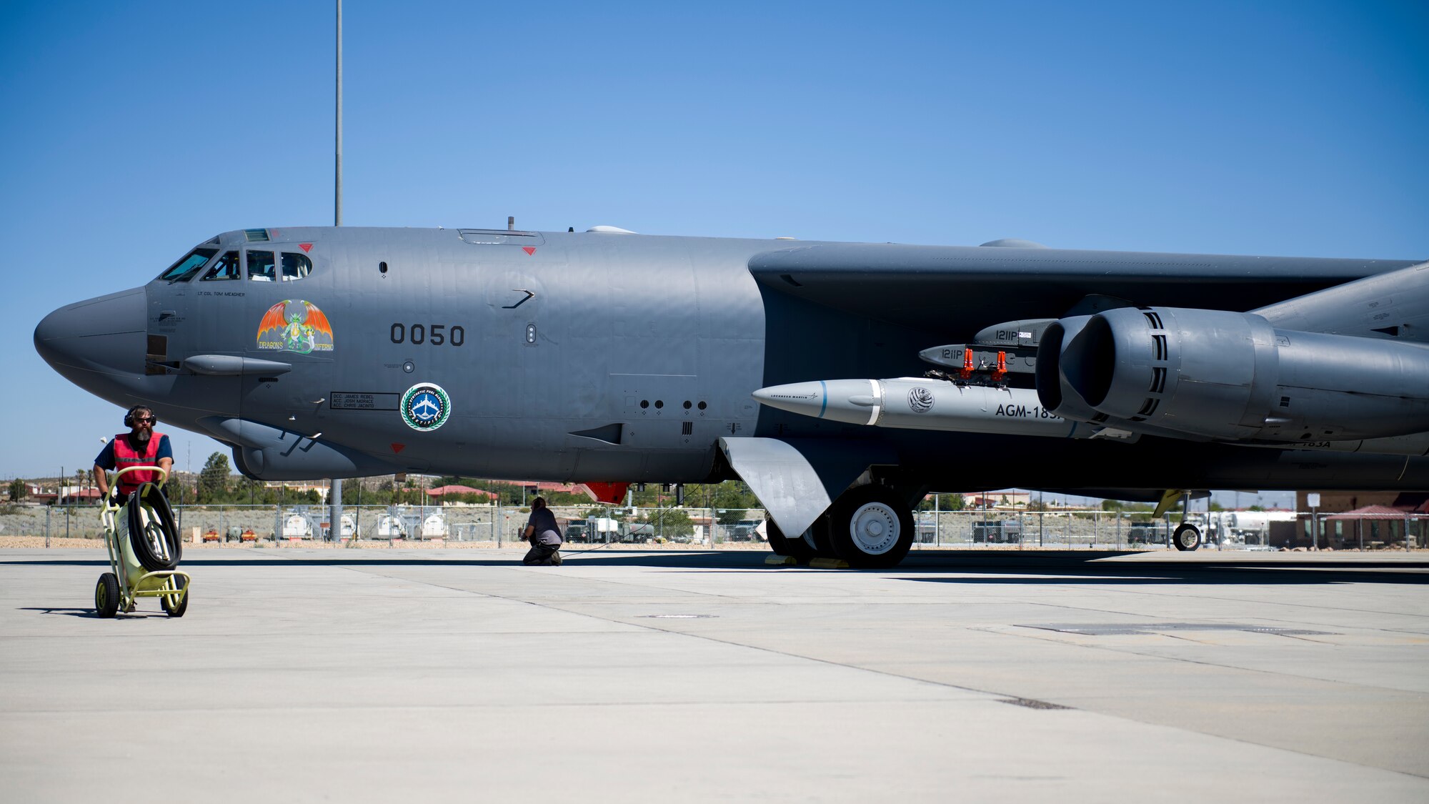 A B-52H Stratofortress assigned to the 419th Flight Test Squadron is undergoes pre-flight procedures at Edwards Air Force Base, California, Aug. 8. The aircraft conducted a captive-carry flight test of the AGM-183A Air-launched Rapid Response Weapon Instrumented Measurement Vehicle 2 at the Point Mugu Sea Range off the Southern California coast. (Air Force photo by Giancarlo Casem)