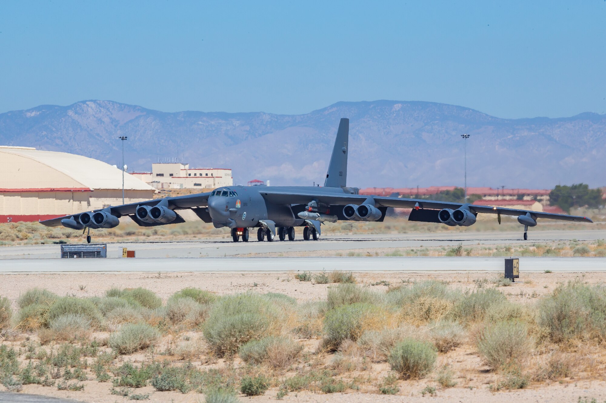 A B-52H Stratofortress assigned to the 419th Flight Test Squadron takes off from Edwards Air Force Base, California, Aug. 8. The aircraft conducted a captive-carry flight test of the AGM-183A Air-launched Rapid Response Weapon Instrumented Measurement Vehicle 2 hypersonic prototype at the Point Mugu Sea Range off the Southern California coast. (Air Force photo by Matt Williams)