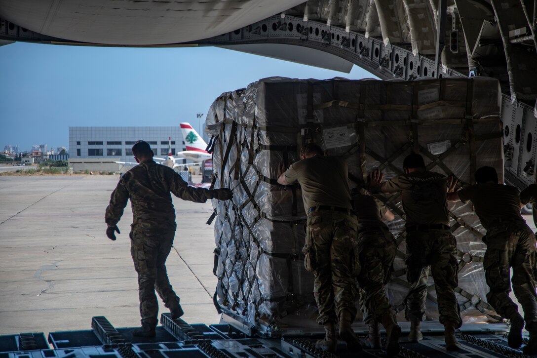 A U.S. Air Force C-17 Globemaster III, carrying humanitarian aid supplies bound for Beirut, Lebanon.