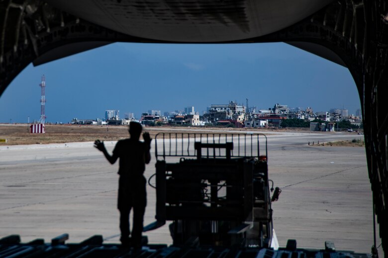 A U.S. Air Force C-17 Globemaster III, carrying humanitarian aid supplies bound for Beirut, Lebanon.