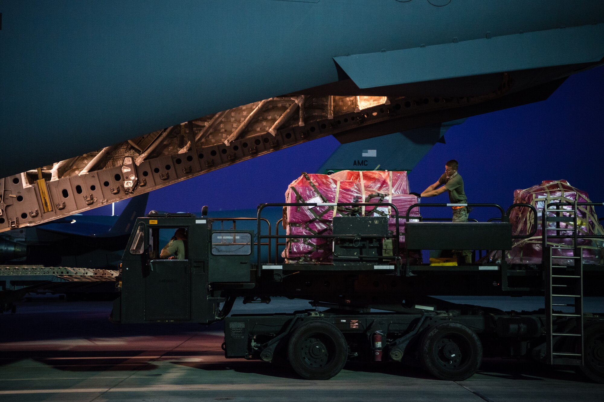 A U.S. Air Force C-17 Globemaster III, carrying humanitarian aid supplies bound for Beirut, Lebanon.