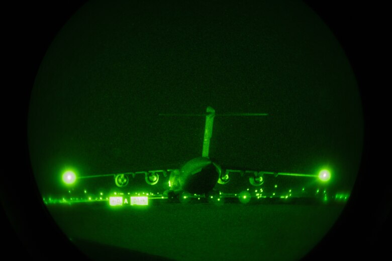 A U.S. Air Force C-17 Globemaster III, carrying humanitarian aid supplies bound for Beirut, Lebanon.